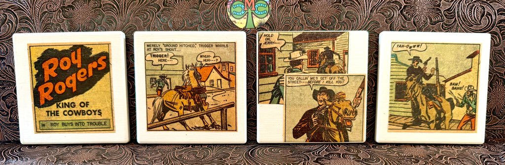 Four vintage ceramic coasters featuring Roy Rogers comic book illustrations