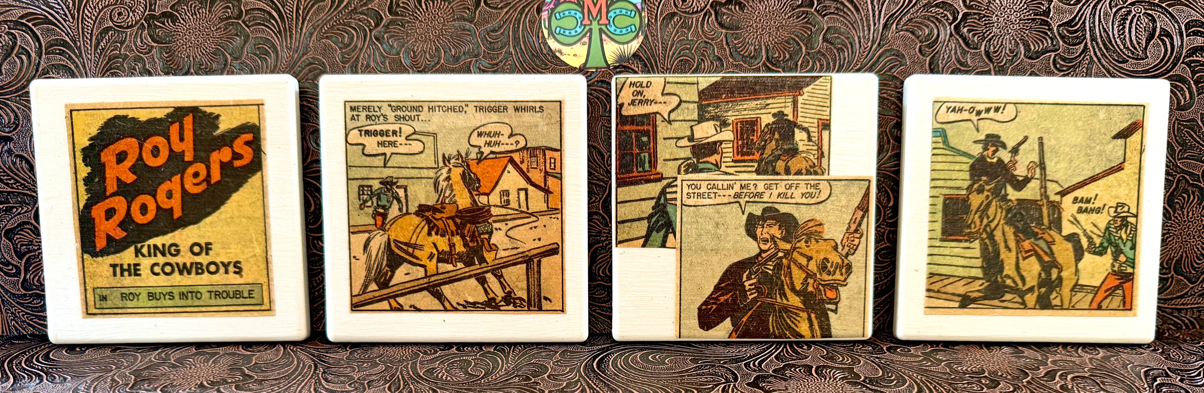 Four vintage ceramic coasters featuring Roy Rogers comic book illustrations